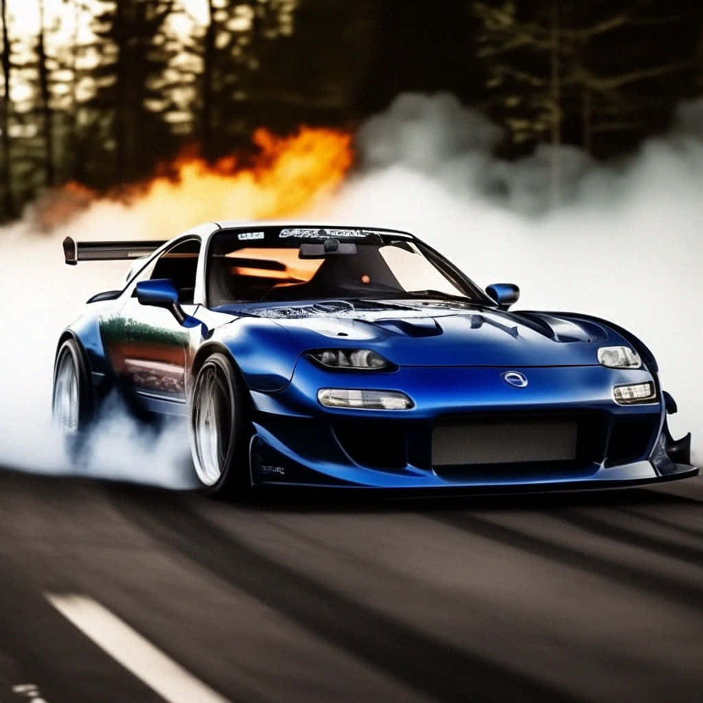 Blue Mazda R X7 Drifting With Flames Wallpaper