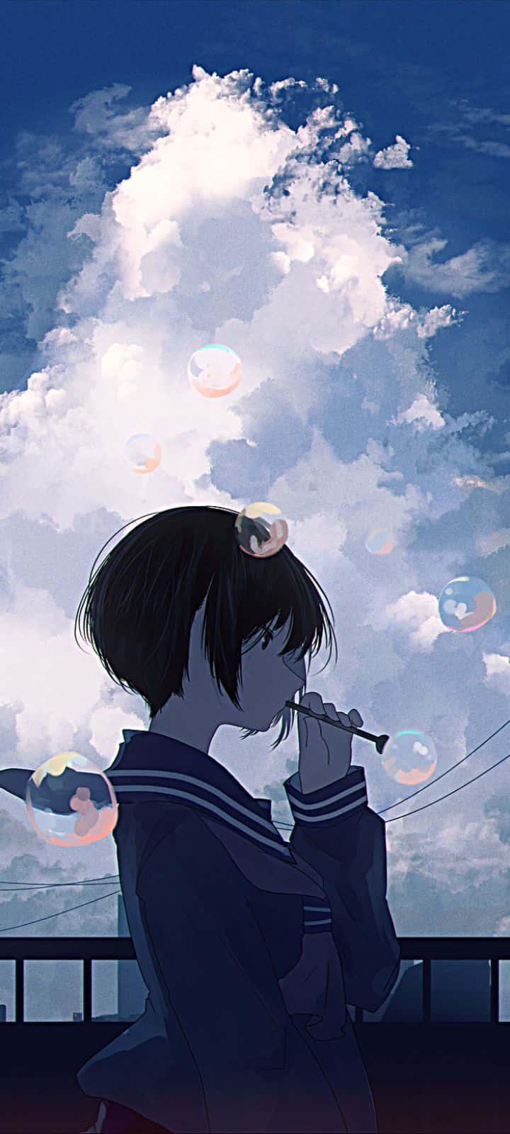 Blue Sky Blowing Bubble Anime Girl Wallpaper