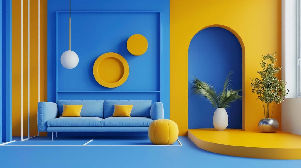 Blue Yellow Modern Living Room Decor Wallpaper