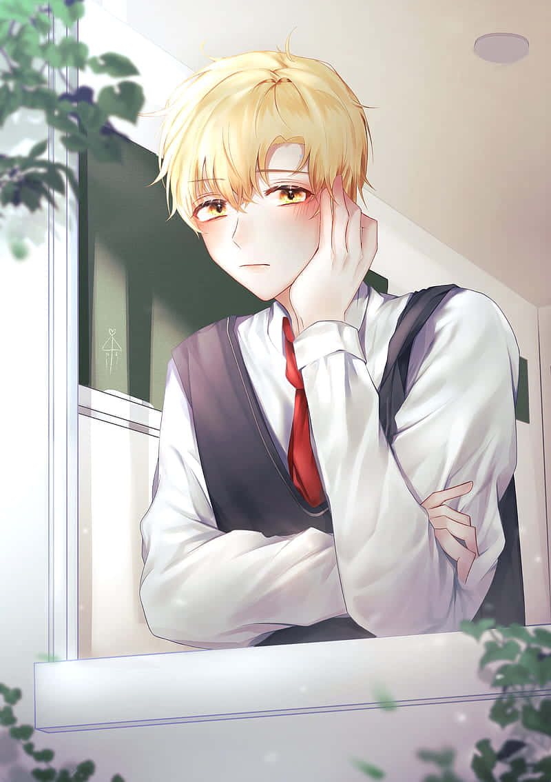 Blushing Anime Boyat Window Wallpaper