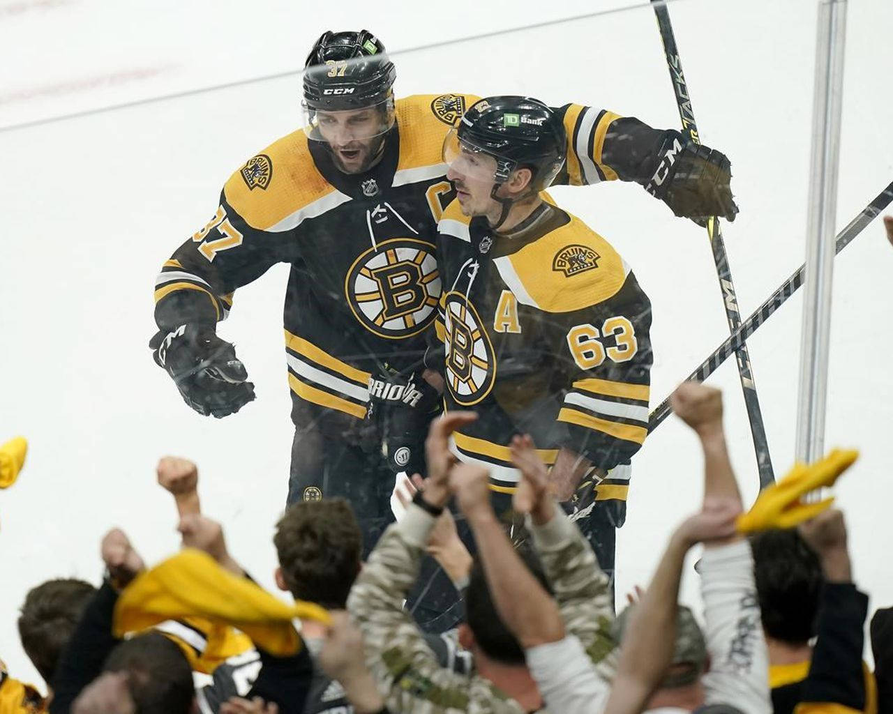 Brad Marchand And Patrice Bergeron Celebration Wallpaper