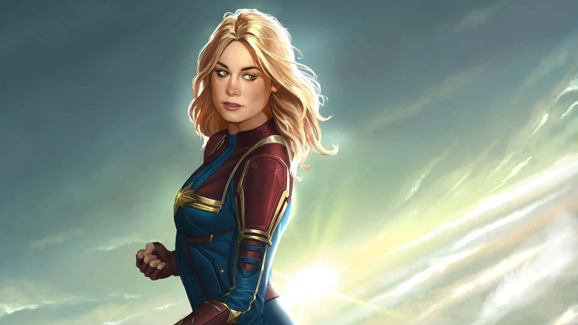 Brie Larson As Captain Marvel Soaring Through The Skies Wallpaper