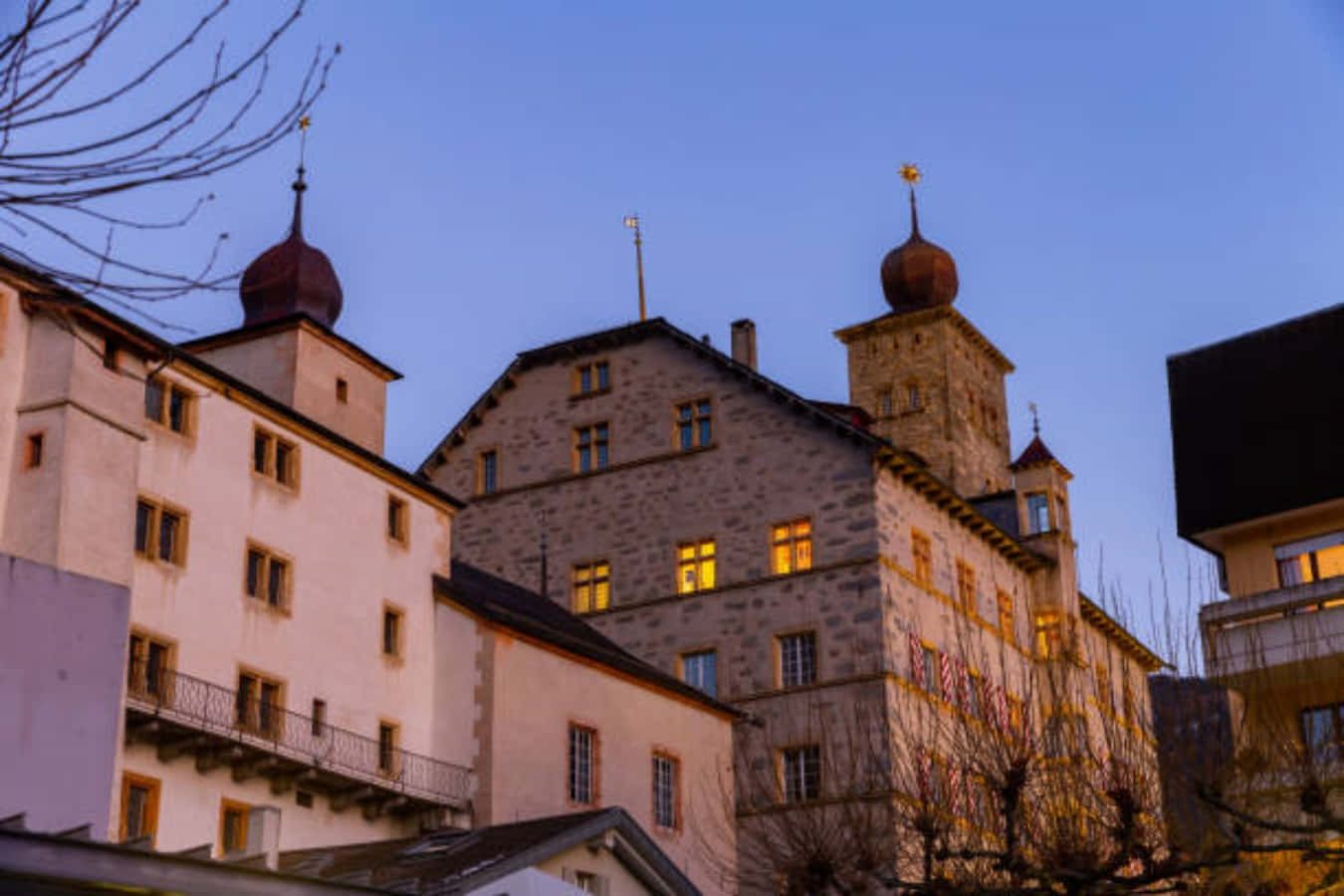 Brig Castle Twilight Switzerland Wallpaper