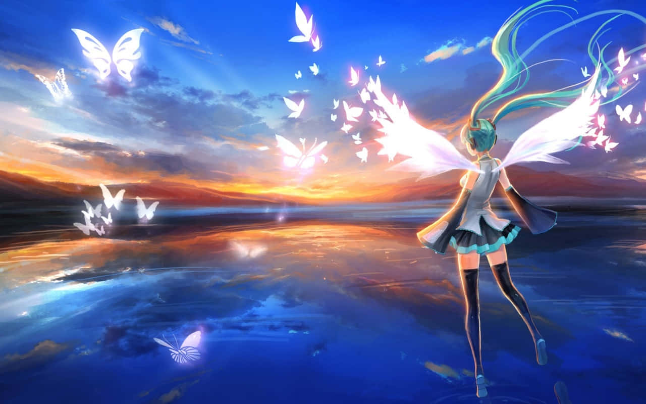 Bright Anime Girl Wings Butterflies Wallpaper