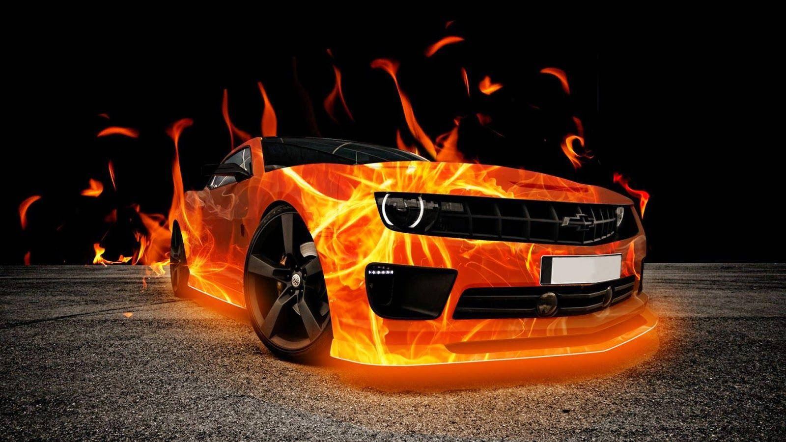 Bright Orange Fire Car Wallpaper