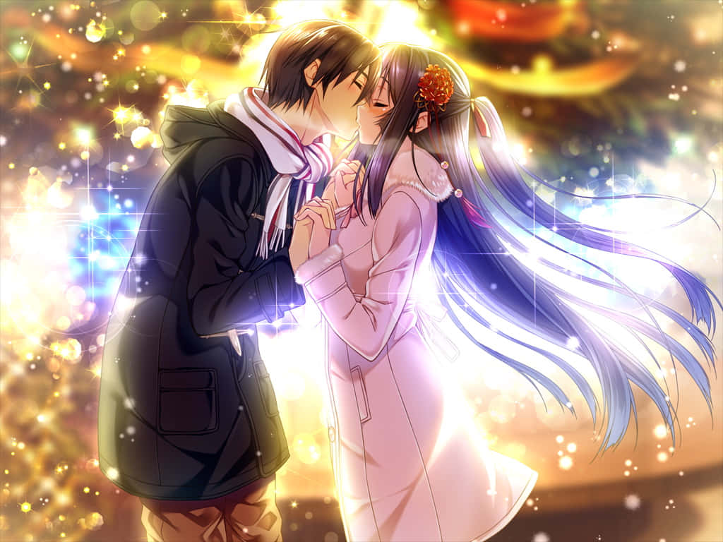 Bright Romance Anime Couple Kissing Wallpaper