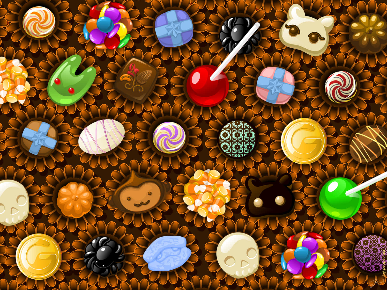 Brown Flower Plates Cute Candies Wallpaper