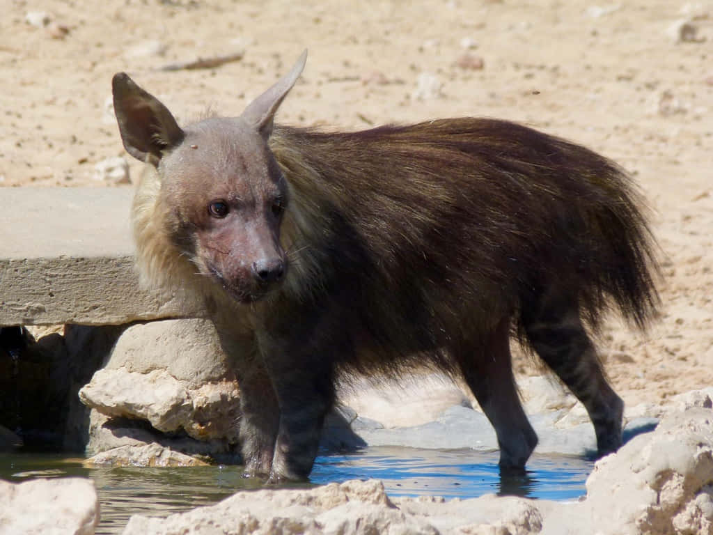 Brown Hyena Drinking Water Wallpaper