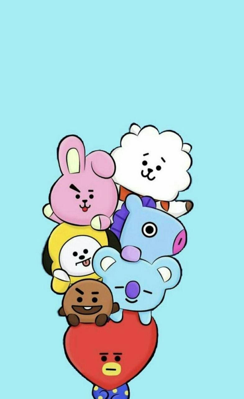 Bts Cartoon Bt21 In Blue Wallpaper