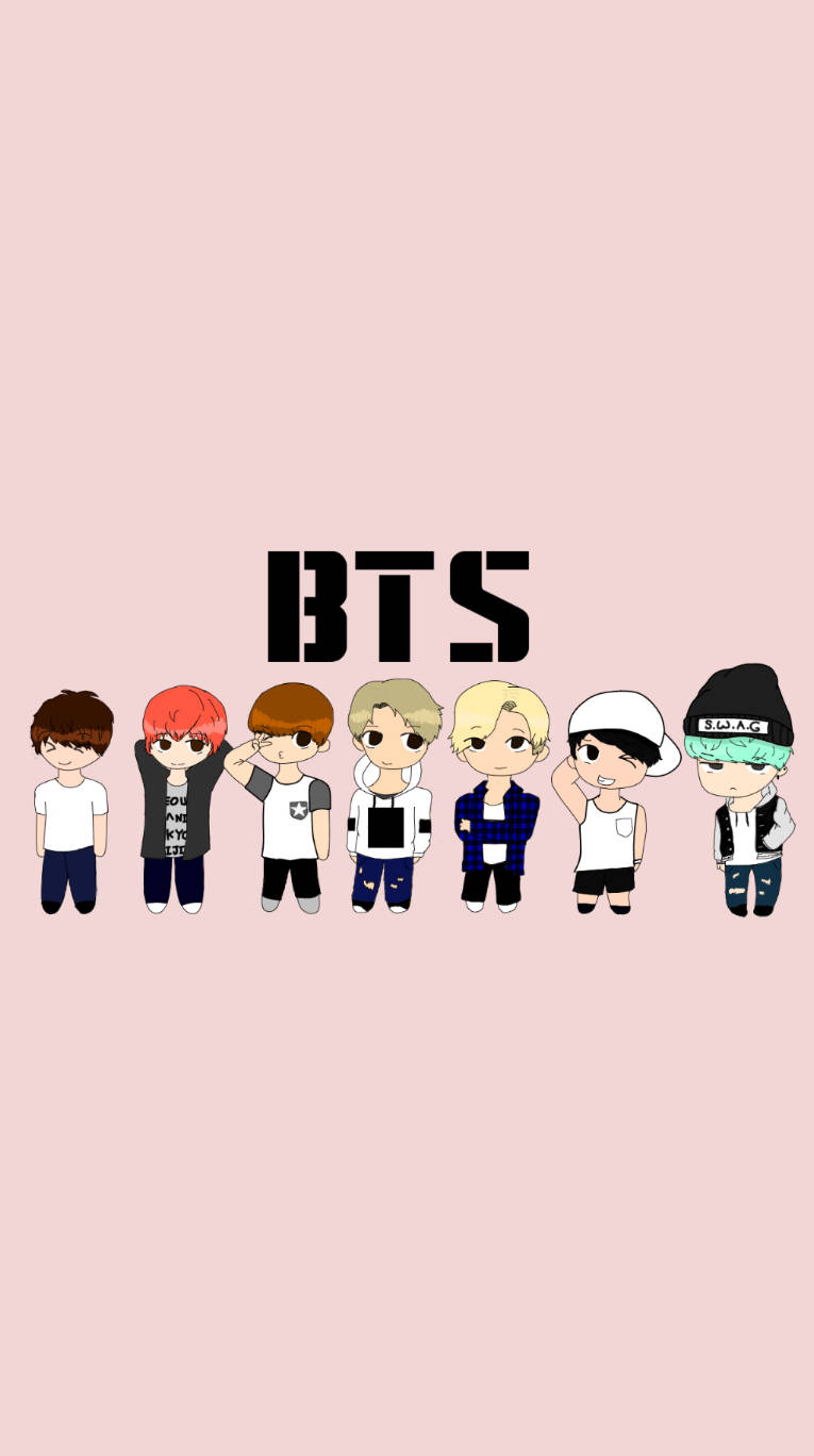 Bts Cartoon Chibi In Pink Wallpaper