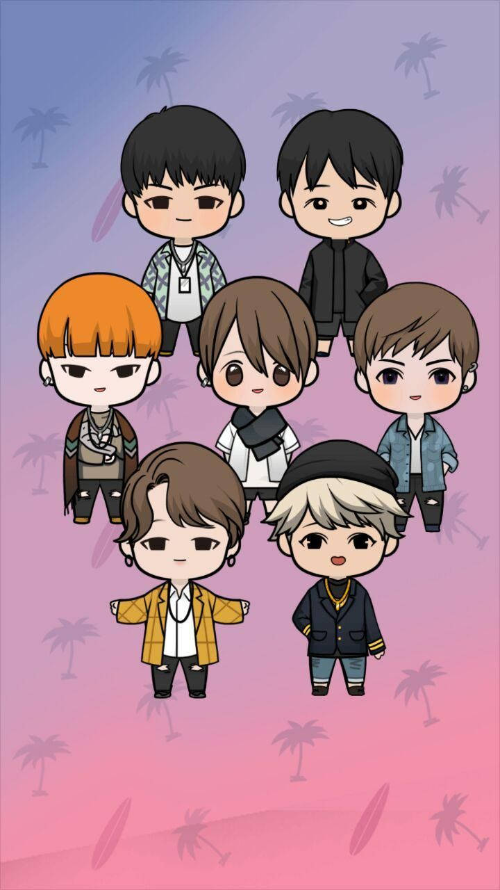 Bts Cartoon Gradient Purple Wallpaper