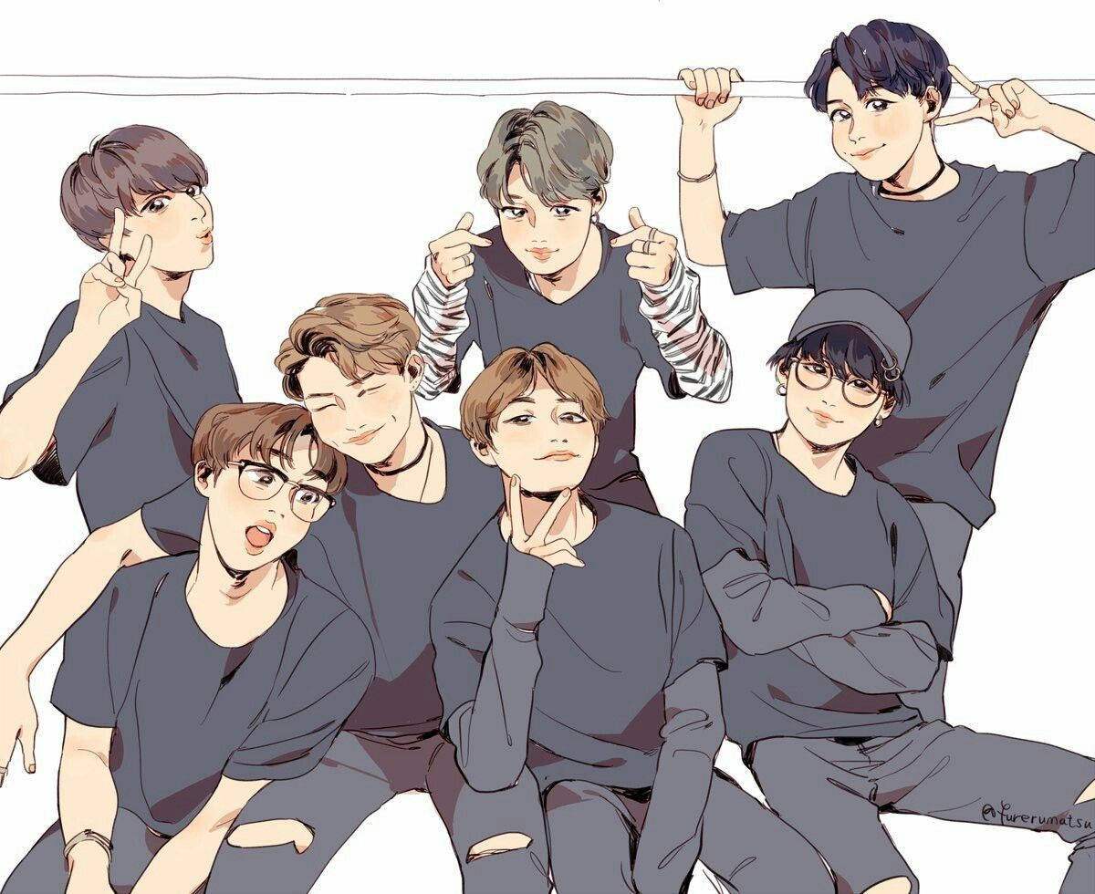 Bts Cartoon In Black Shirts Wallpaper