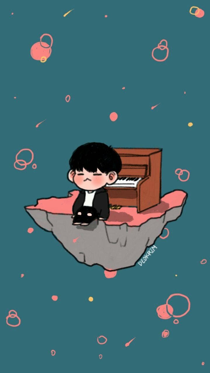 Bts Cartoon In Floating Island Wallpaper