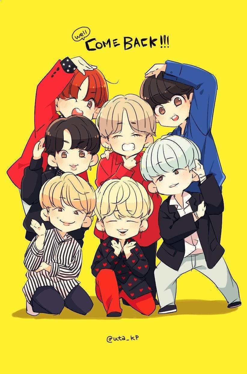 Bts Cartoon In Yellow Wallpaper