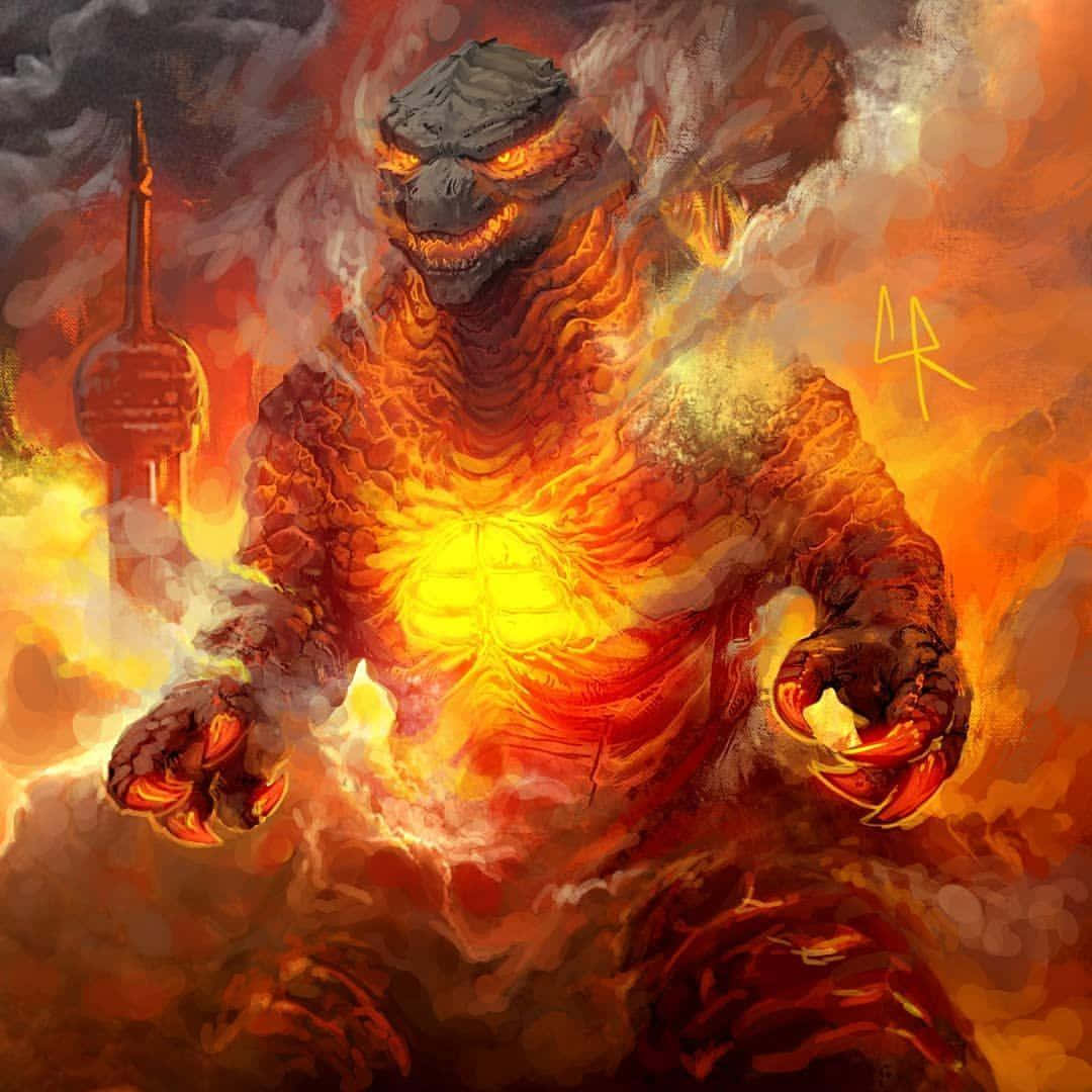 Burning Godzilla Unleashing Its Powerful Atomic Breath Wallpaper