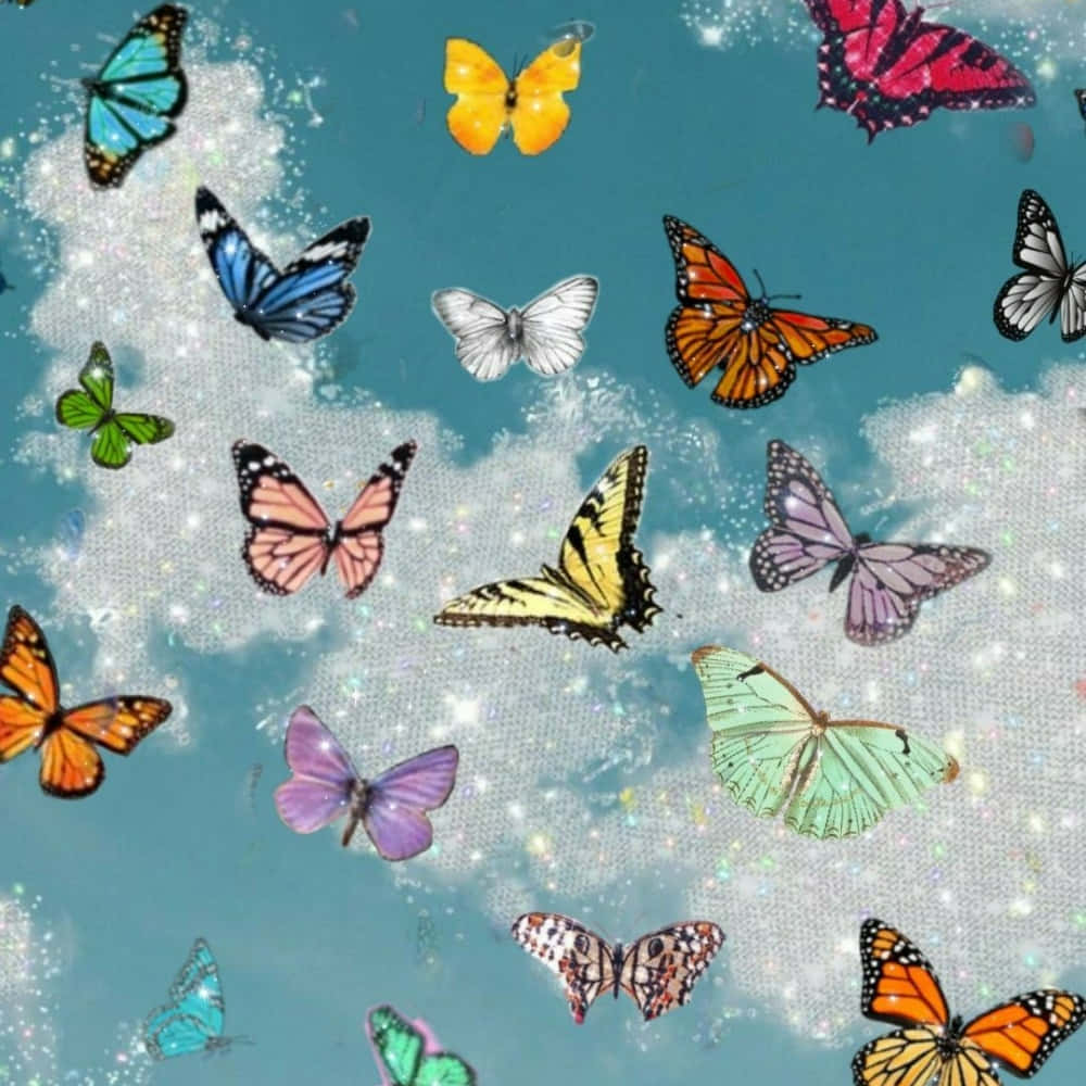 Butterflies Glittery Blue Background Wallpaper