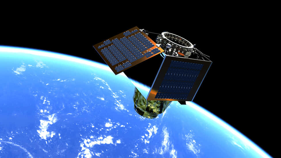 Caption: Advanced Satellite Orbiting In Space Wallpaper