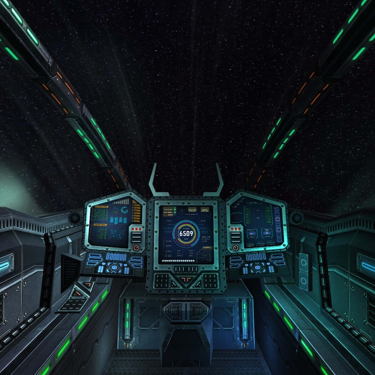 Caption: Advanced Spaceship Cockpit Illuminated At Night Wallpaper