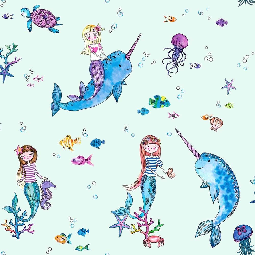 Caption: An Enchanting Display Of Sea Creatures Interacting With A Delightful Mermaid Sprinkling Glitter. Wallpaper