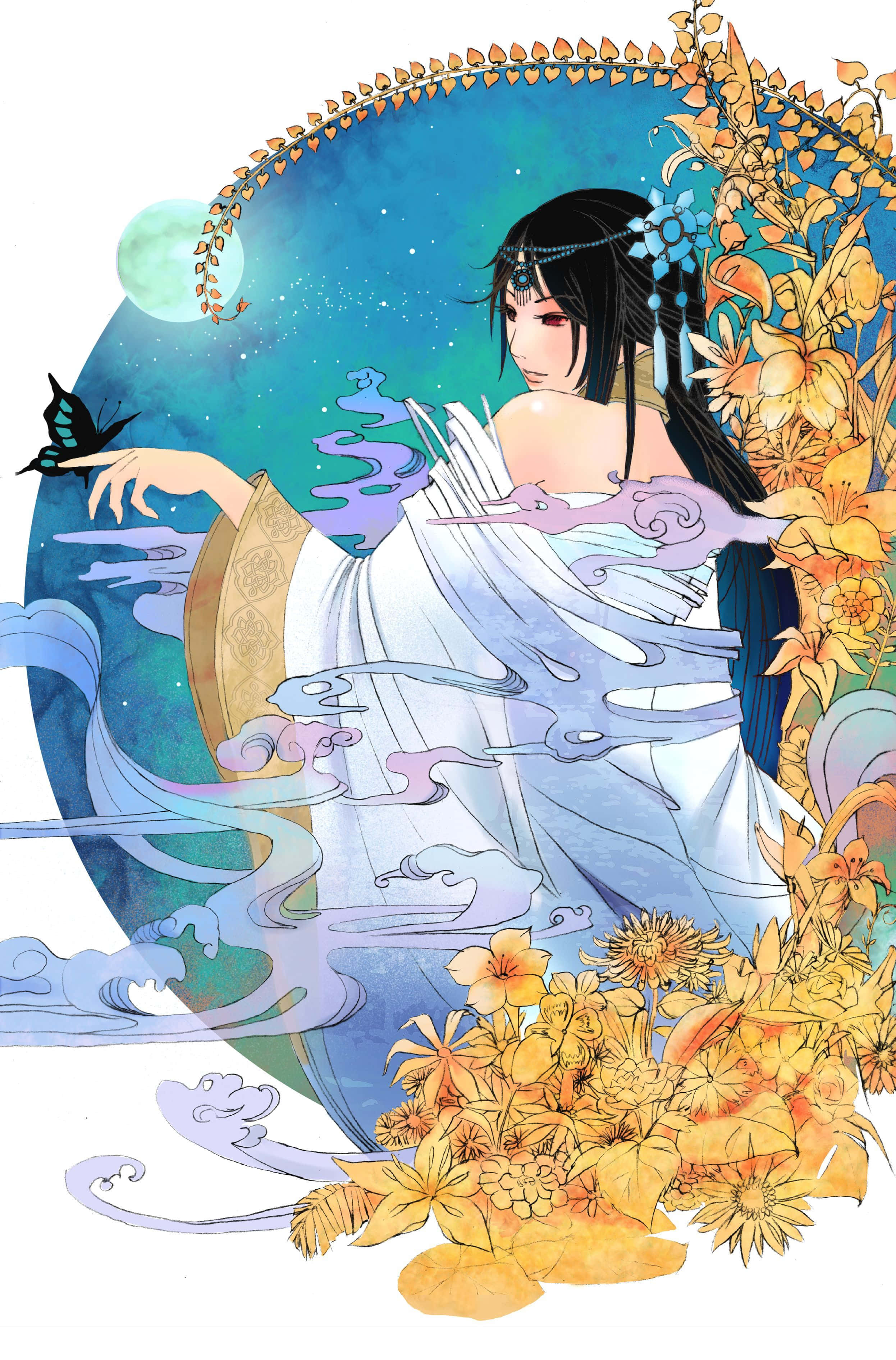 Caption: Atmospheric Depiction Of Chang'e, The Moon Goddess In Serene Splendor Wallpaper