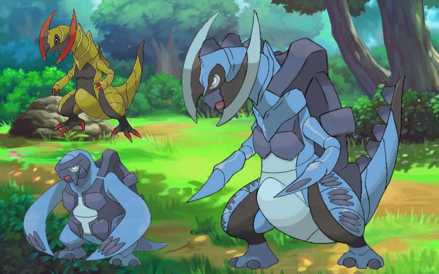 Caption: Epic Battle Between Carracosta And Haxorus In Pokémon Wallpaper