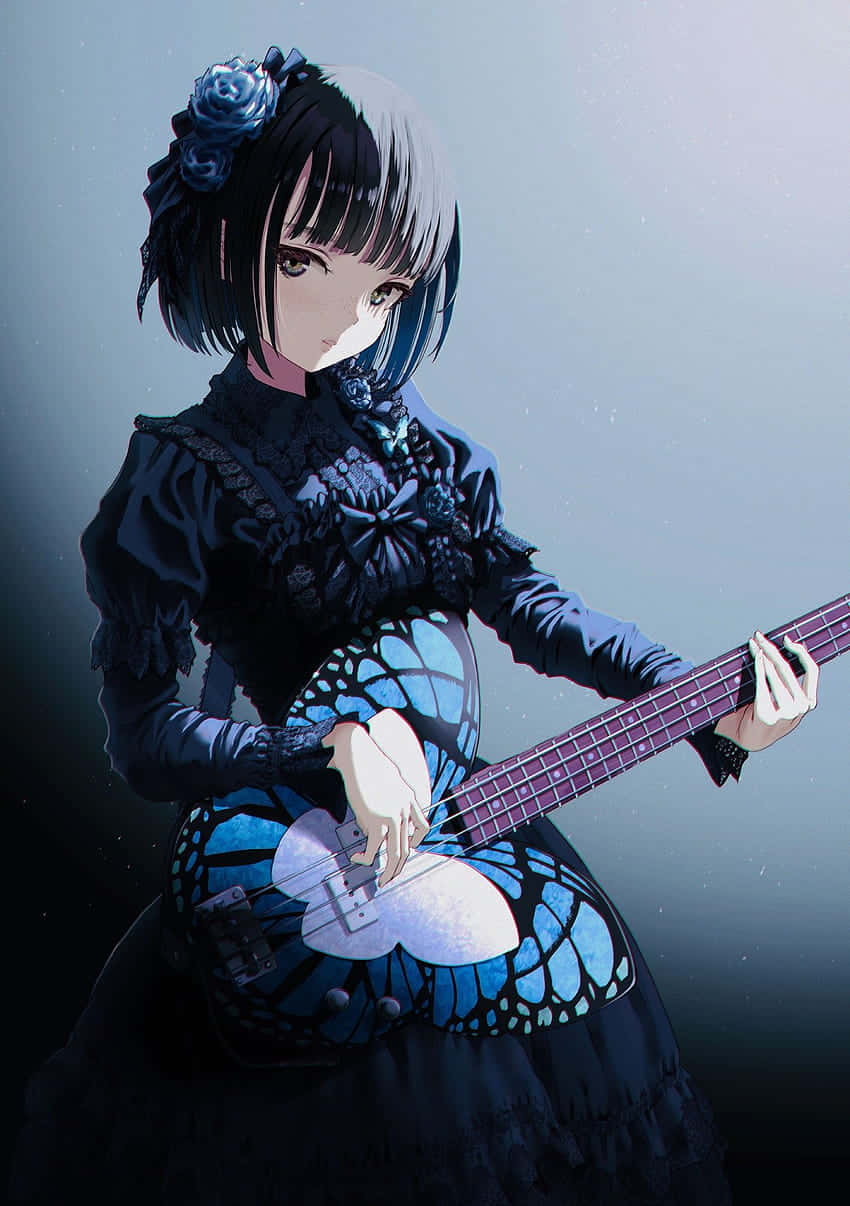 Caption: Goth Anime Girl With Butterfly Guitar Wallpaper