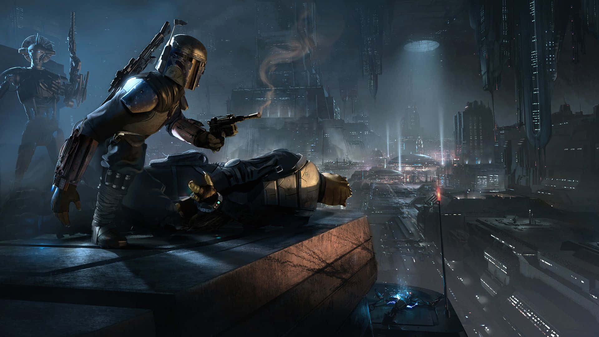 Caption: Intense Bounty Hunters In Action Wallpaper