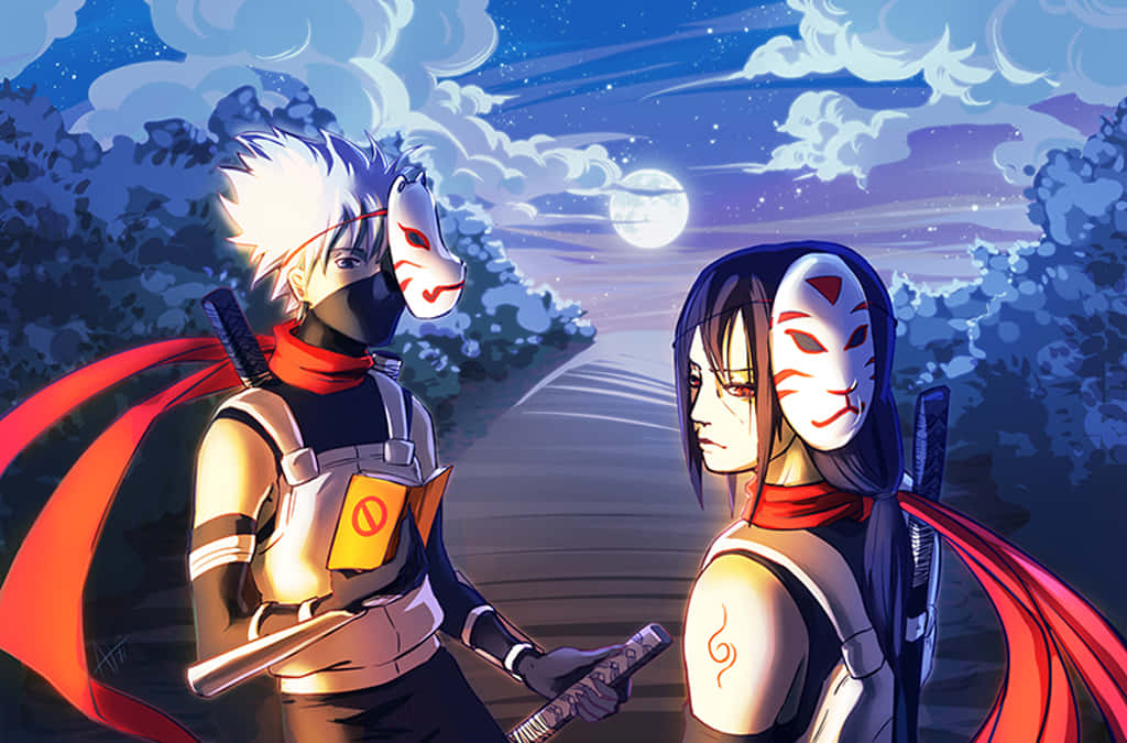 Caption: Intense Encounter: Kakashi And Itachi Face Off Wallpaper