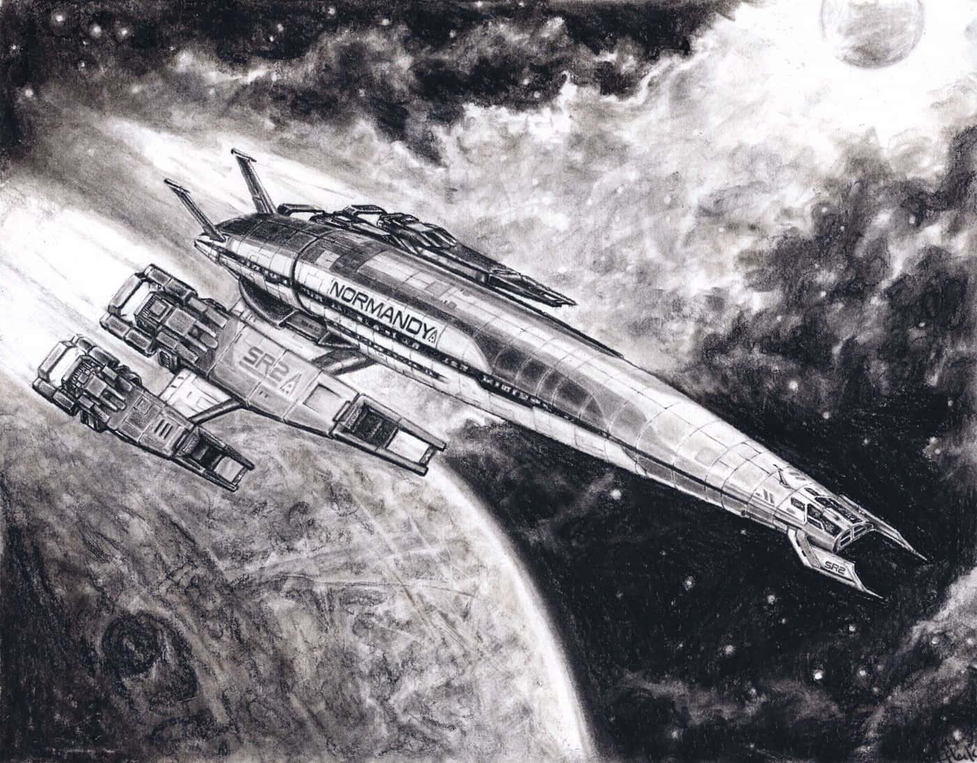 Caption: Normandy Sr-2 Soaring Through Space Wallpaper