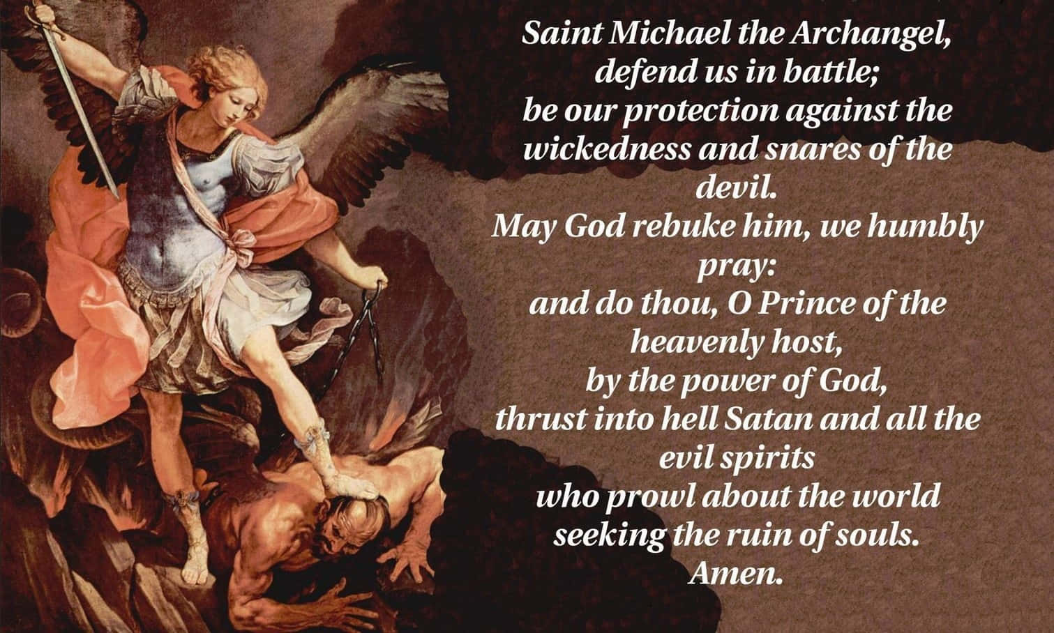 Caption: Saint Michael The Archangel Defeating Evil Wallpaper