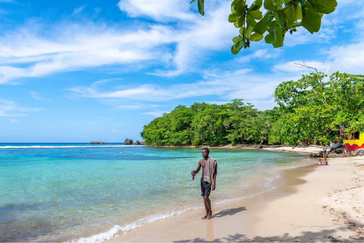 Caption: Tranquil Jamaican Beach At Sunset Wallpaper