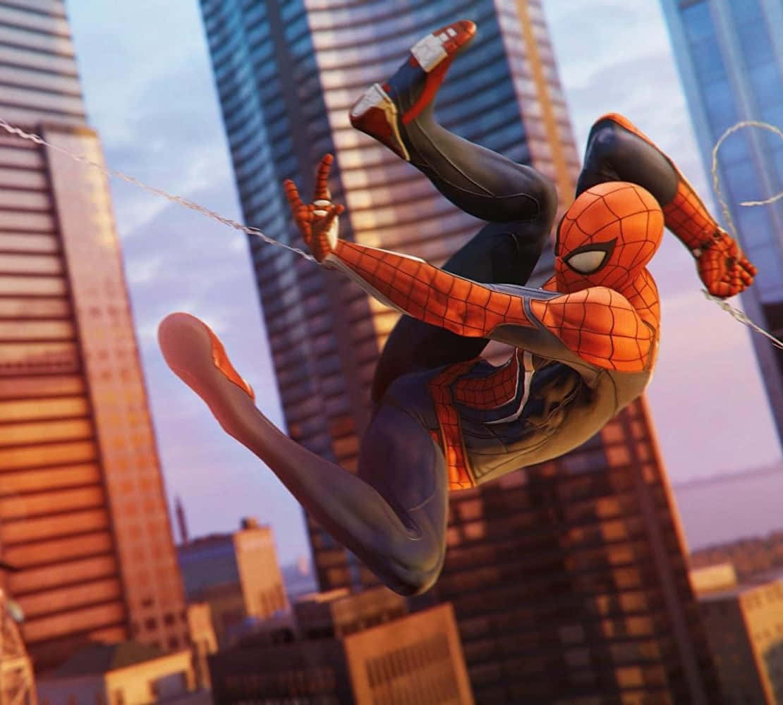 Caption: Web-slinging Superhero Soaring In The Sky Wallpaper