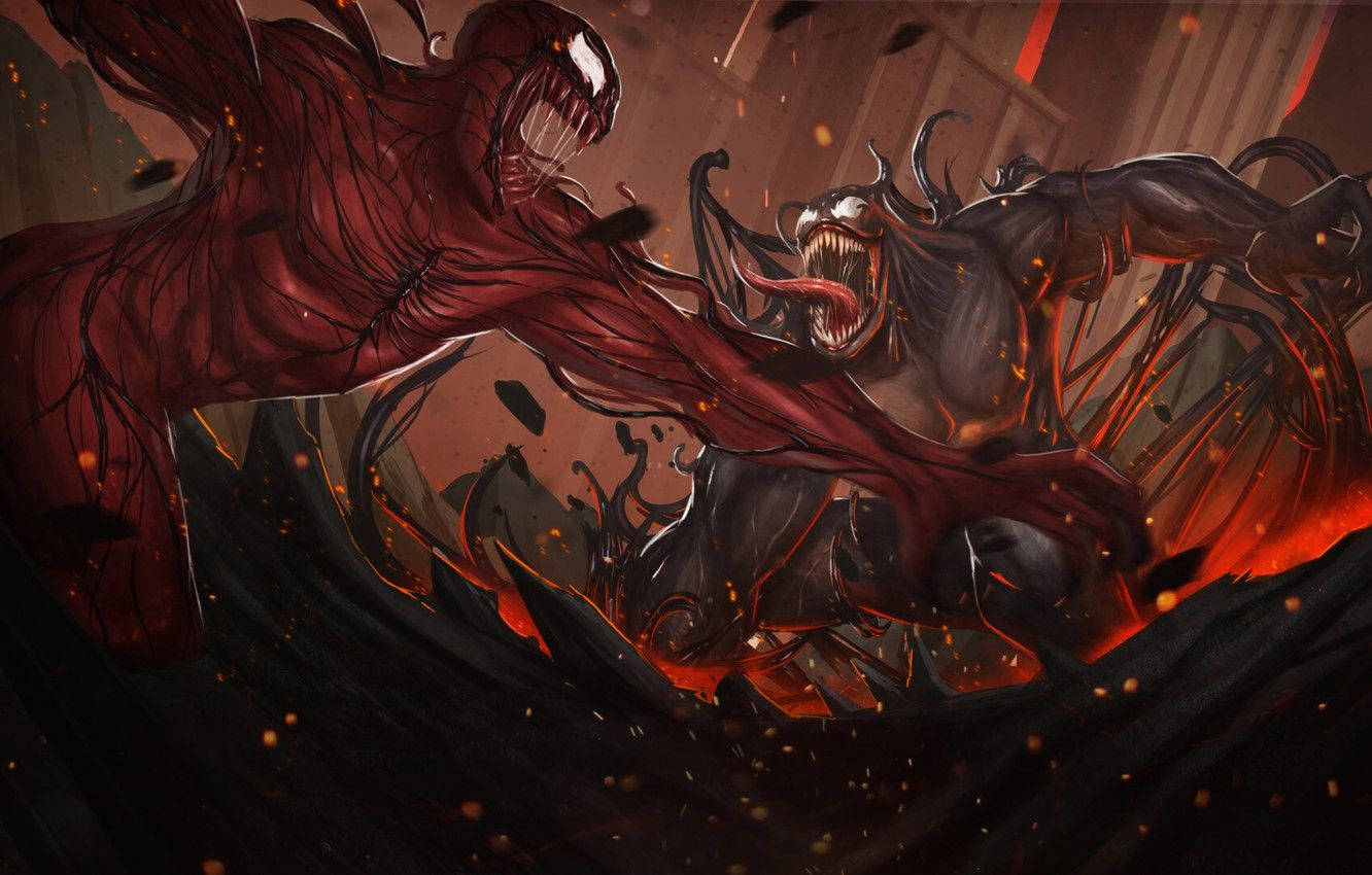 Carnage Clashes With Venom In A Thrilling Battle Wallpaper