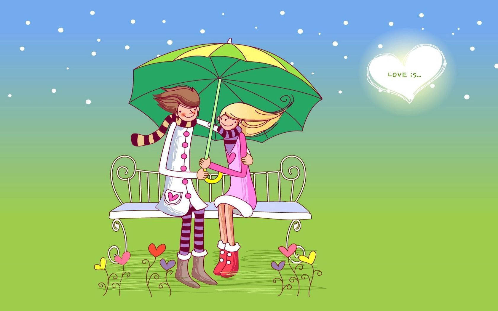 Cartoon Couple On Bench Wallpaper