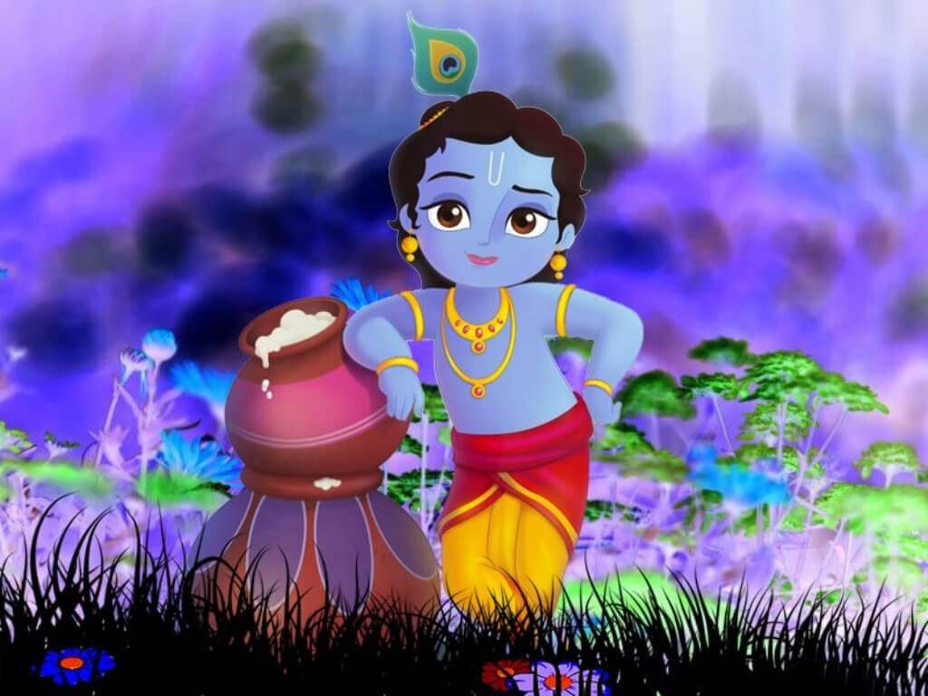 Cartoon Krishna Dark Purple Background Wallpaper