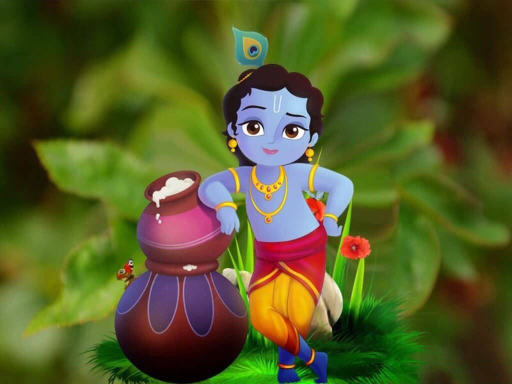 Cartoon Krishna Nature Background Wallpaper