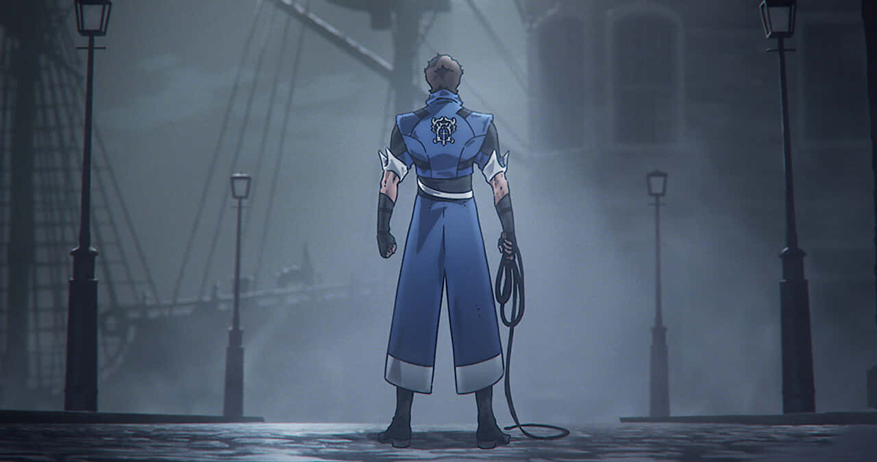 Castlevania Animated Character Standingin Foggy Street Wallpaper