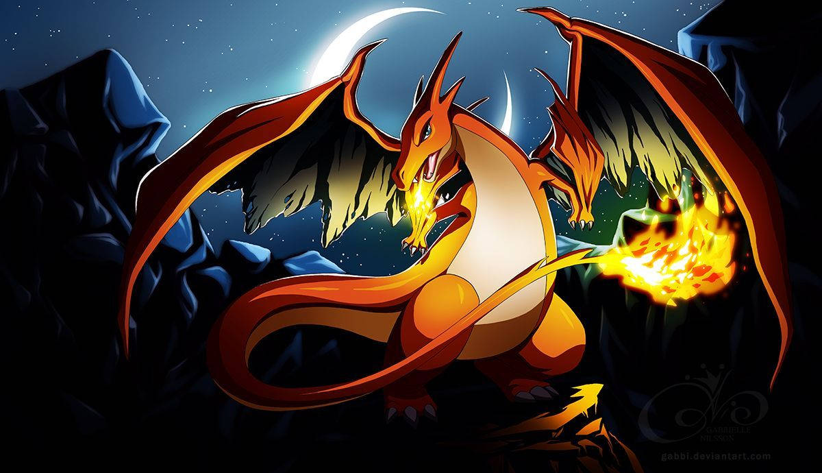 Charizard Majestically Roars In The Night Sky Wallpaper