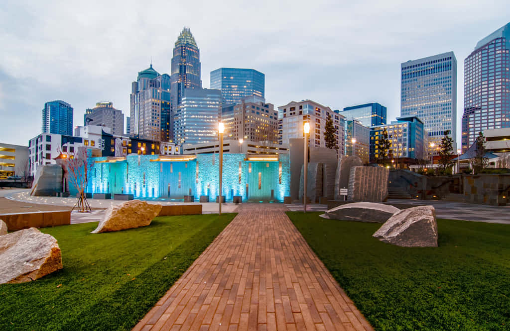 Charlotte Skyline Dusk Park Fountain Wallpaper