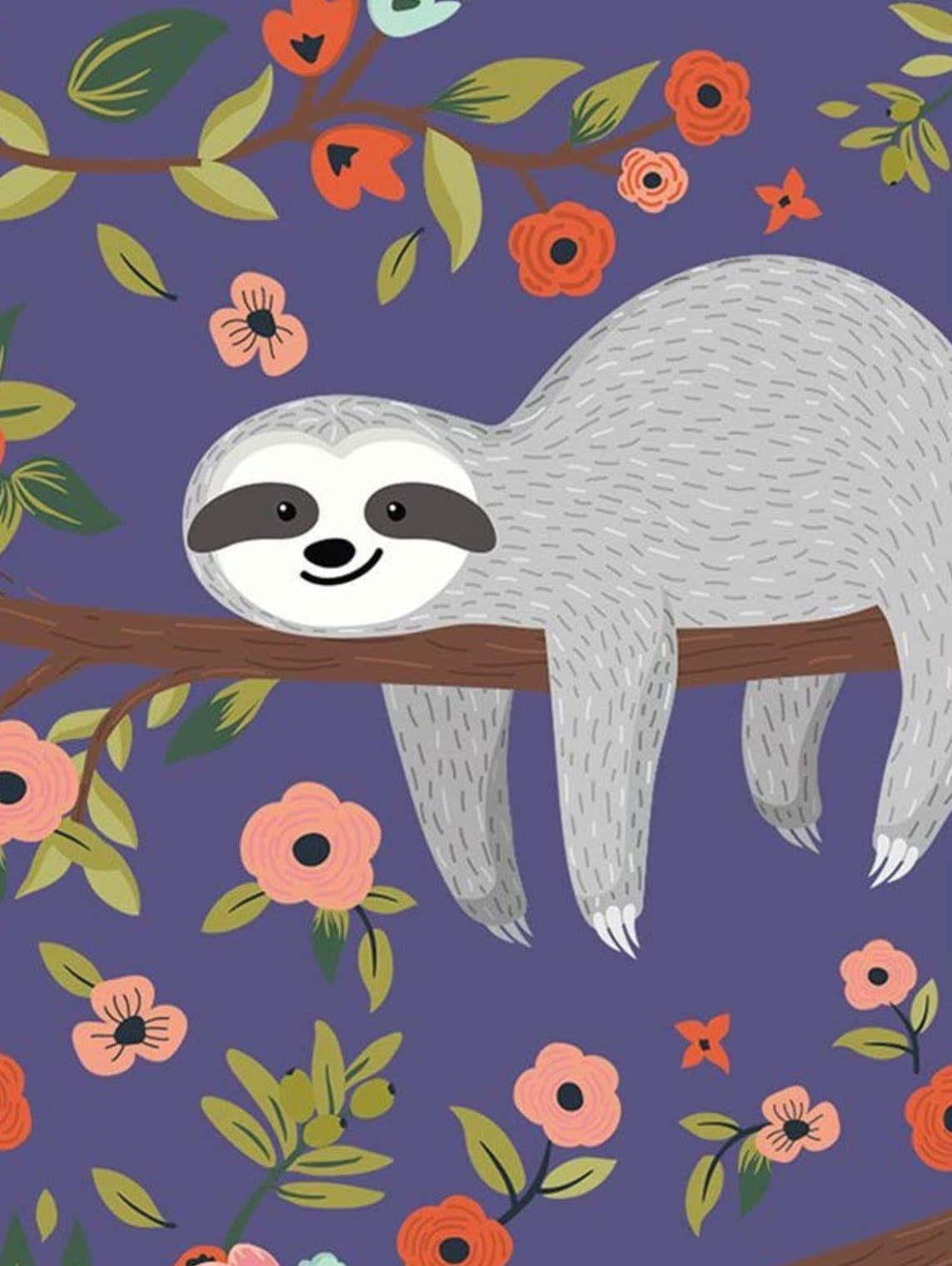 Charming Kawaii Sloth Hanging From A Tree Branch Wallpaper