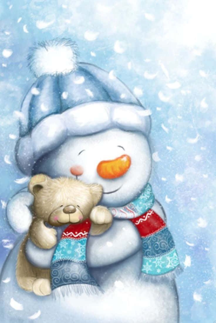 Christmas Snowman Hugging Teddy Bear Wallpaper