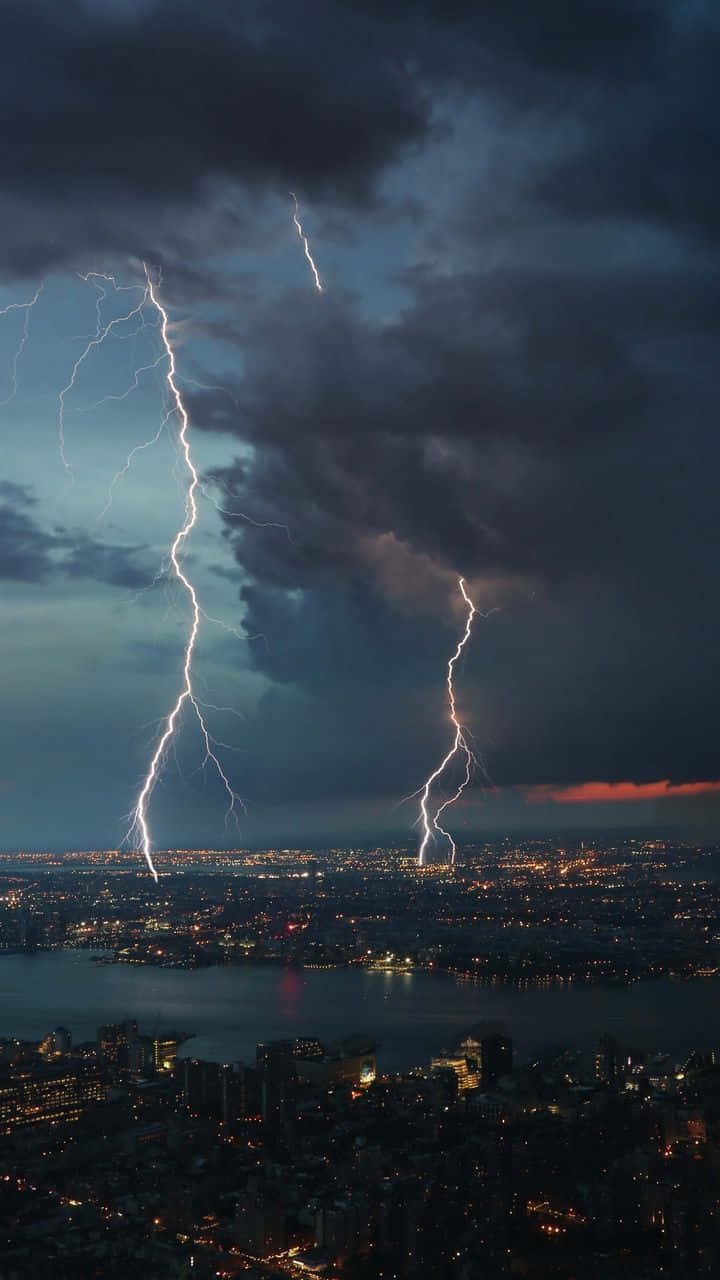 Cityscape Lightning Strike Night Wallpaper