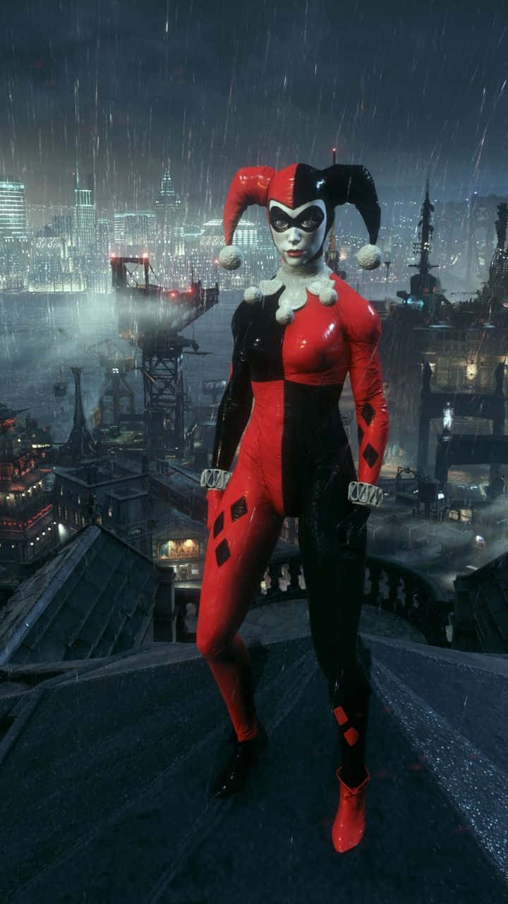 Classic Harley Quinn Rooftop Rain Wallpaper