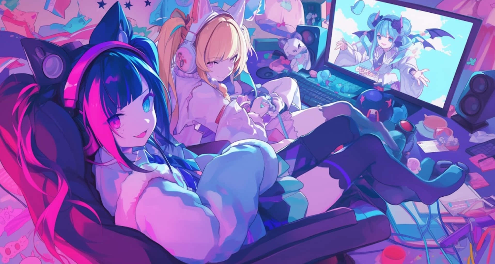 Colorful Anime Streamers Gaming Setup Wallpaper