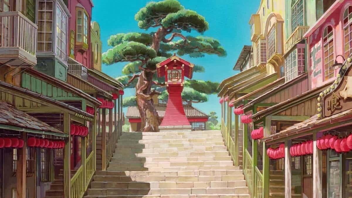 Colorful Anime Town Staircase Wallpaper