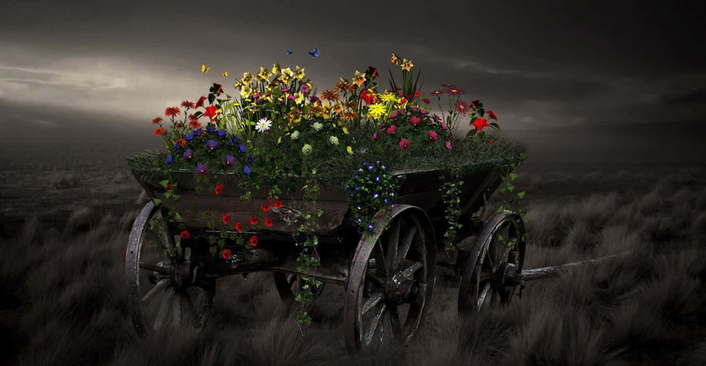 Colorful Flower Cart In A Picturesque Setting Wallpaper