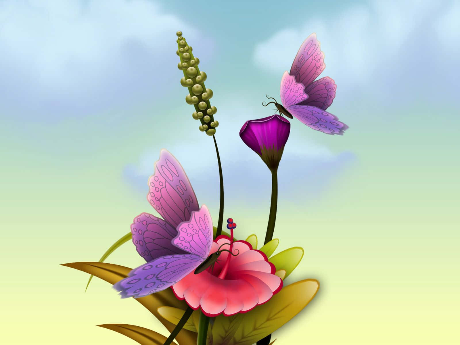 Colorful Spring Butterflies On Blooming Flowers Wallpaper