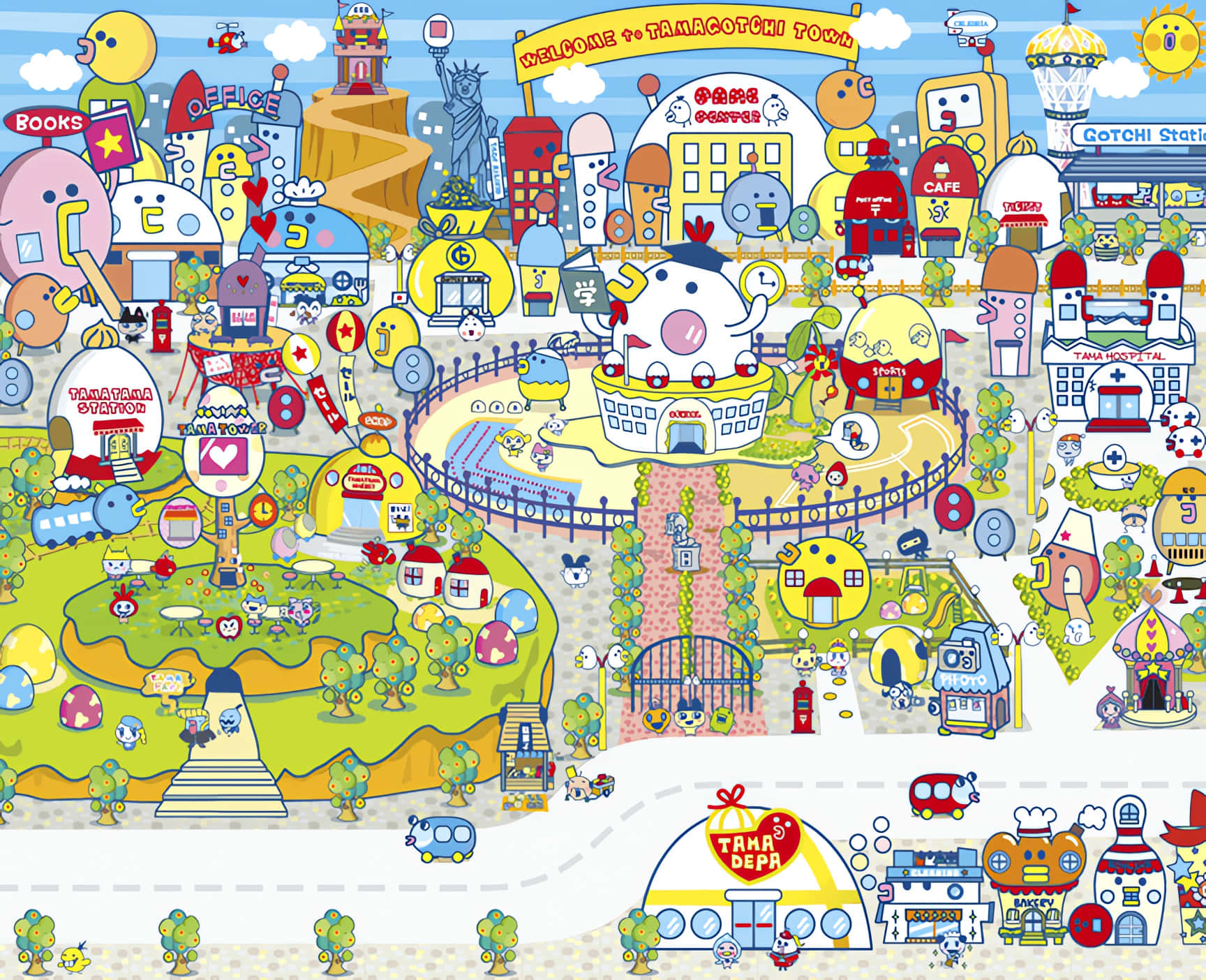 Colorful Tamagotchi Town Illustration Wallpaper