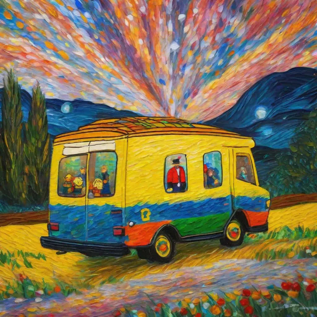 Colorful_ Van_ Under_ Explosive_ Sky_ Painting Wallpaper