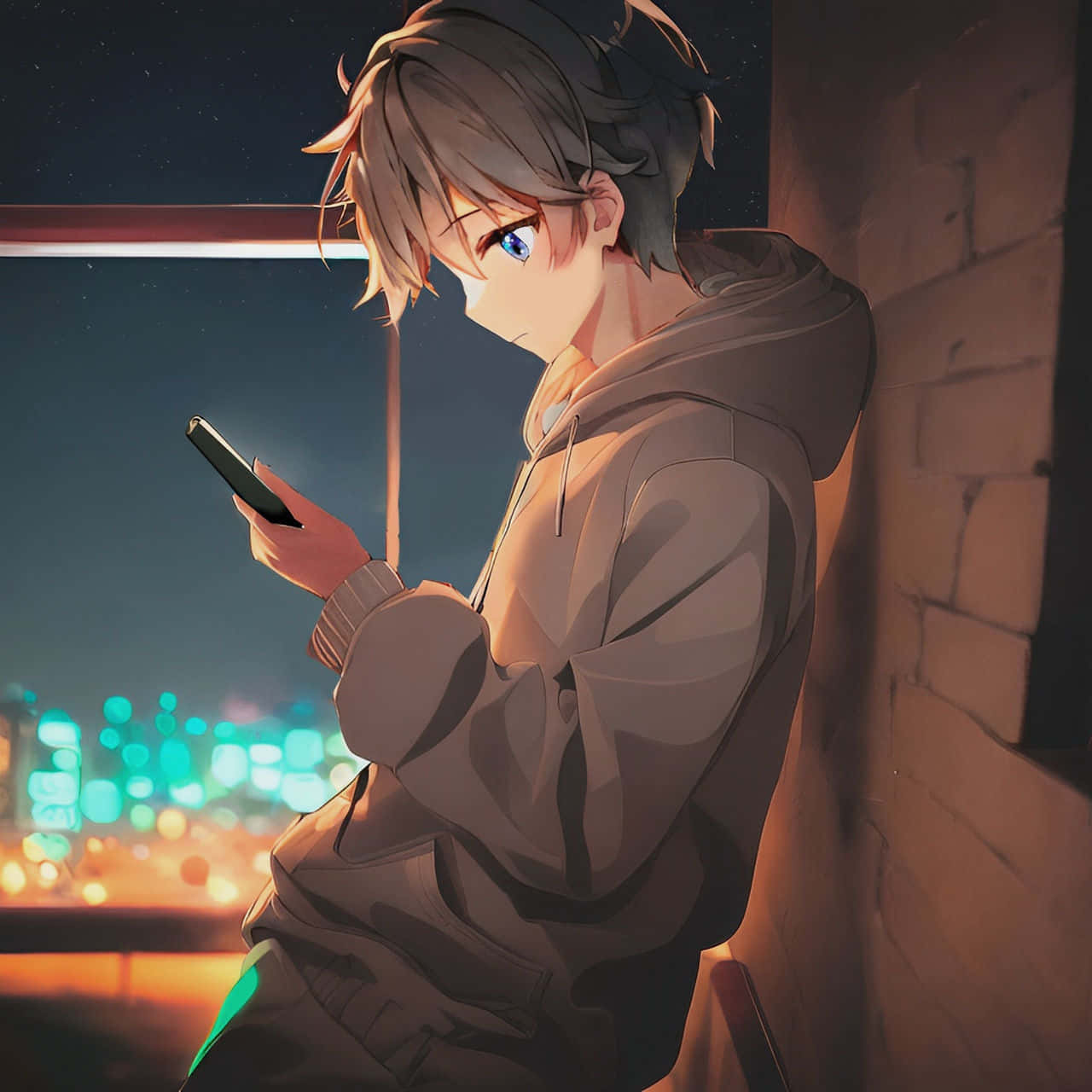 Contemplative Anime Boywith Phone Wallpaper